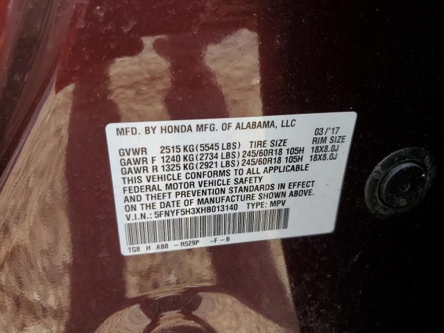 5FNYF5H3XHB013140 - 2017 HONDA PILOT EX BURGUNDY photo 12