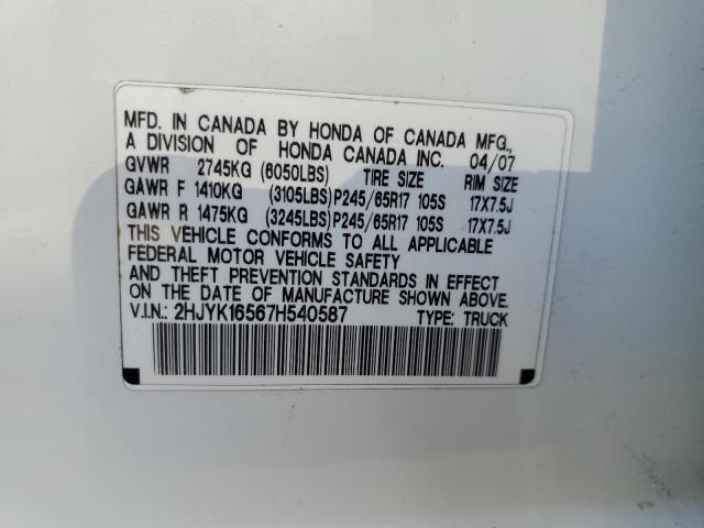 2HJYK16567H540587 - 2007 HONDA RIDGELINE RTL WHITE photo 12