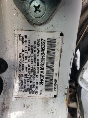 2HGFA16629H346327 - 2009 HONDA CIVIC LX-S Սպիտակ լուսանկար 12