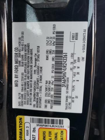 3FA6P0H74JR243261 - 2018 FORD FUSION SE BLACK photo 12