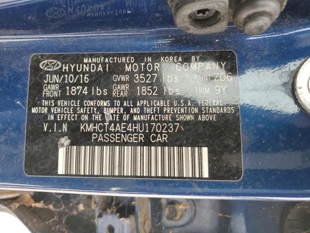 KMHCT4AE4HU170237 - 2017 HYUNDAI ACCENT SE BLUE photo 12