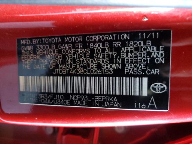 JTDBT4K38CL026153 - 2012 TOYOTA YARIS RED photo 12