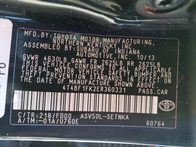 4T4BF1FK2ER360331 - 2014 TOYOTA CAMRY L BLACK photo 12