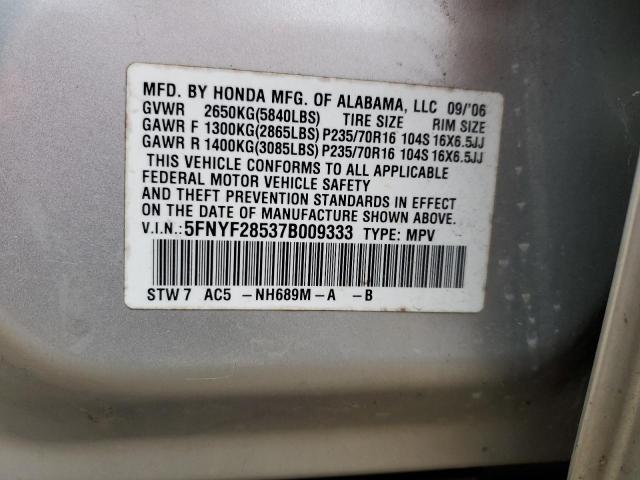 5FNYF28537B009333 - 2007 HONDA PILOT EXL SILVER photo 13