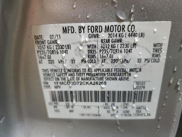 1FMCU0D72CKA28265 - 2012 FORD ESCAPE XLT GRAY photo 12