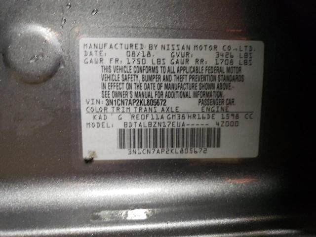 3N1CN7AP2KL805672 - 2019 NISSAN VERSA S GRAY photo 13