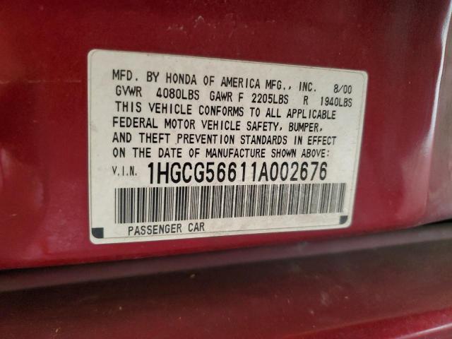 1HGCG56611A002676 - 2001 HONDA ACCORD EX BURGUNDY photo 12