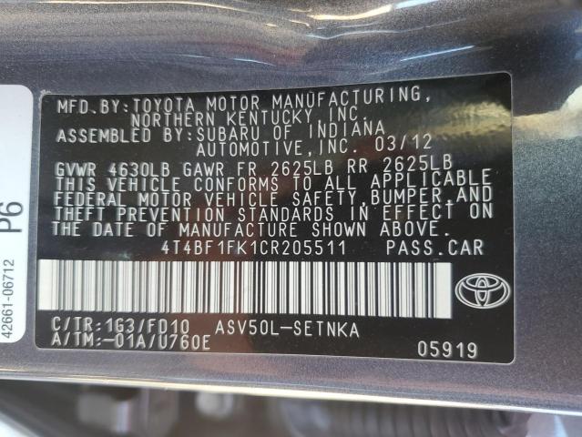 4T4BF1FK1CR205511 - 2012 TOYOTA CAMRY BASE رمادي صورة 13