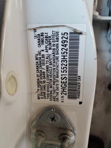 2HGES15523H524925 - 2003 HONDA CIVIC LX WHITE photo 12