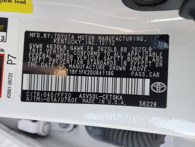 4T1BF1FK2DU641196 - 2013 TOYOTA CAMRY L WHITE photo 12