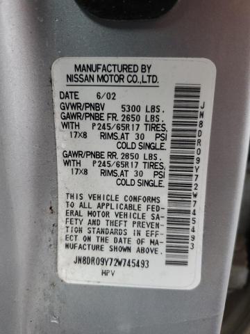 JN8DR09Y72W745493 - 2002 NISSAN PATHFINDER LE SILVER photo 12