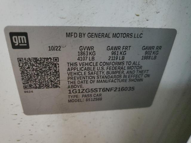 1G1ZG5ST6NF216035 - 2022 CHEVROLET MALIBU RS თეთრი ფოტო 12