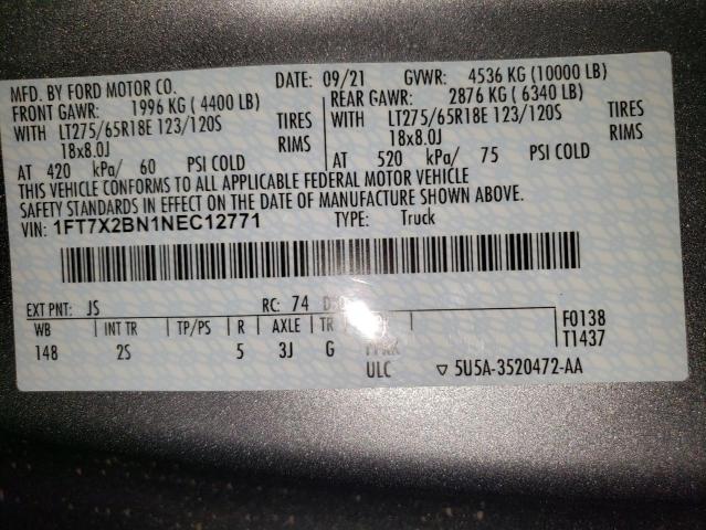 1FT7X2BN1NEC12771 - 2022 FORD F250 SUPER DUTY Արծաթագույն լուսանկար 12