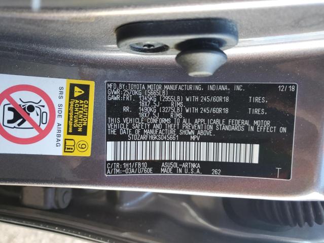 5TDZARFH6KS045661 - 2019 TOYOTA HIGHLANDER LE GRAY photo 12