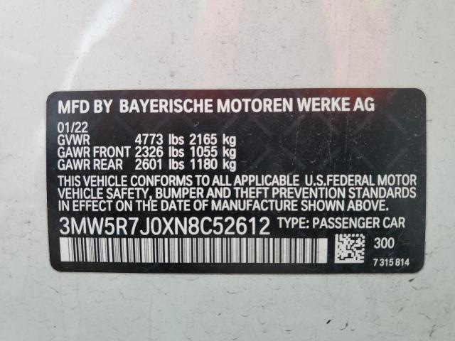 3MW5R7J0XN8C52612 - 2022 BMW 330XI WHITE photo 12