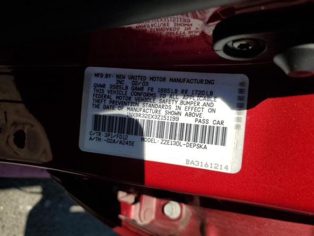 1NXBR32EX3Z151199 - 2003 TOYOTA COROLLA CE წითელი ფოტო 12