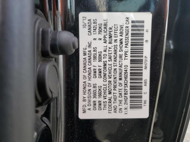 2HGFB2F5XCH609410 - 2012 HONDA CIVIC LX BLACK photo 12