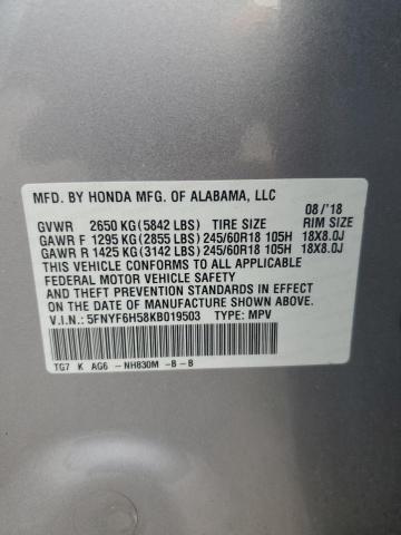5FNYF6H58KB019503 - 2019 HONDA PILOT EXL Srebrny zdjęcie 13