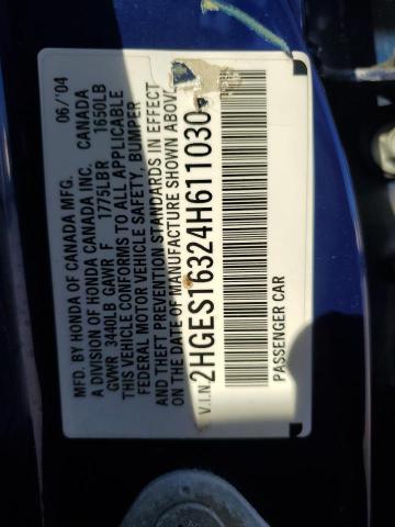 2HGES16324H611030 - 2004 HONDA CIVIC DX VP Կապույտ լուսանկար 12