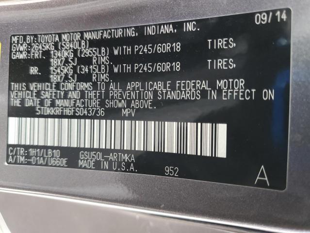 5TDKKRFH6FS043736 - 2015 TOYOTA HIGHLANDER XLE Grau Foto 14