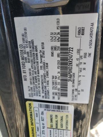 3FA6P0HD2KR247722 - 2019 FORD FUSION SE Negro foto 12