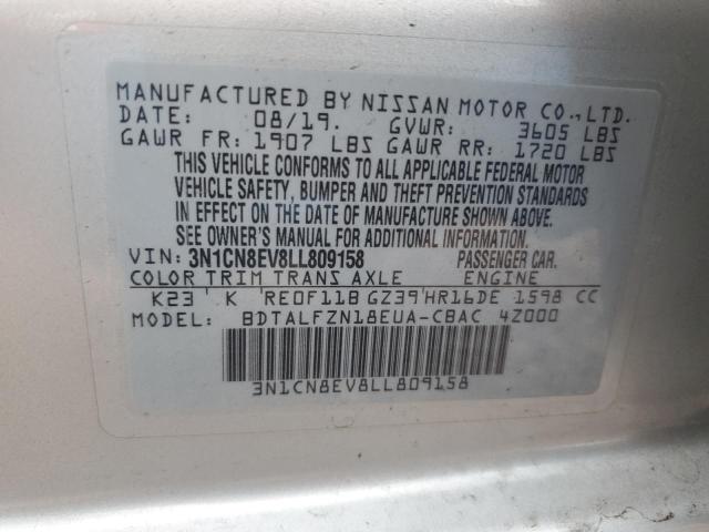 3N1CN8EV8LL809158 - 2020 NISSAN VERSA SV SILVER photo 13