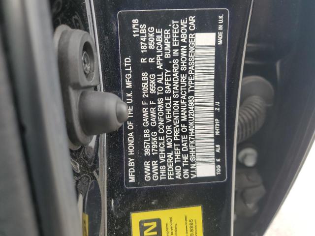 SHHFK7H40KU204983 - 2019 HONDA CIVIC SPORT Чорний фото 13
