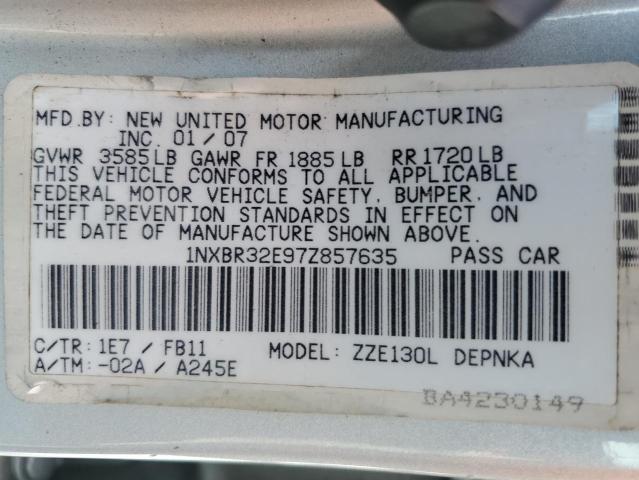 1NXBR32E97Z857635 - 2007 TOYOTA COROLLA CE Күміс фото 12