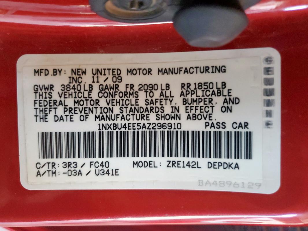 1NXBU4EE5AZ296910 - 2010 TOYOTA COROLLA BASE Կարմիր լուսանկար 12