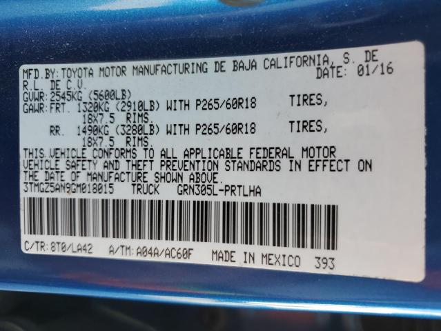 3TMGZ5AN9GM018015 - 2016 TOYOTA TACOMA DOUBLE CAB 蓝色 照片 12