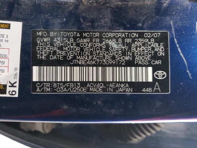 JTNBE46K773099172 - 2007 TOYOTA CAMRY CE BLUE photo 12