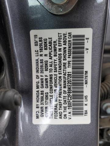 19XFC2F89KE207281 - 2019 HONDA CIVIC SPORT GRAY photo 12