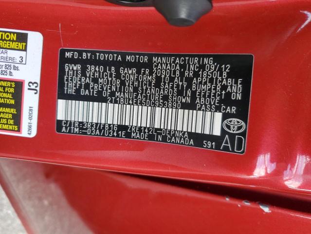 2T1BU4EE5DC953890 - 2013 TOYOTA COROLLA BASE Czerwony zdjęcie 12