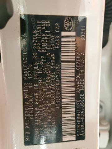 4T1B61HK1KU723222 - 2019 TOYOTA CAMRY XSE Սպիտակ լուսանկար 12