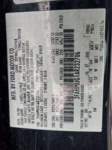 3FAHP0JG1AR232706 - 2010 FORD FUSION SEL BLACK photo 12