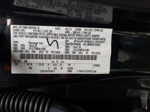 1FAHP3M26CL393247 - 2012 FORD FOCUS SEL BLACK photo 12