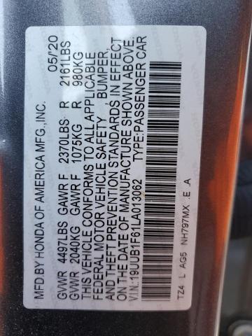 19UUB1F61LA013062 - 2020 ACURA TLX TECHNOLOGY GRAY photo 12
