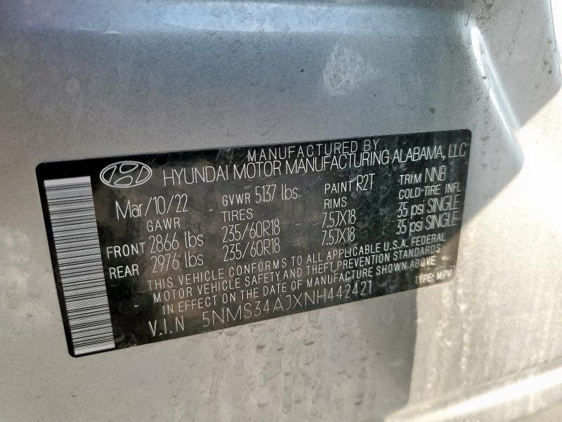 5NMS34AJXNH442421 - 2022 HYUNDAI SANTA FE SEL 银色 照片 14