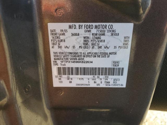 1FTPX14596KB22634 - 2006 FORD F150 GRAY photo 12