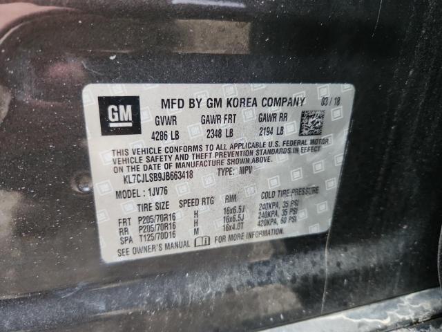 KL7CJLSB9JB663418 - 2018 CHEVROLET TRAX 1LT ნაცრისფერი ფოტო 12