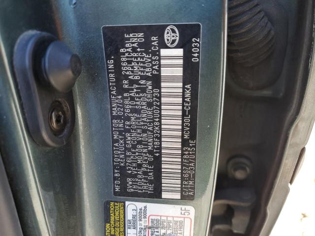 4T1BF32K84U072730 - 2004 TOYOTA CAMRY LE GREEN photo 12