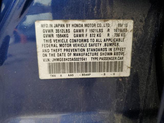 JHMGE8H23AS027041 - 2010 HONDA FIT BLUE photo 12