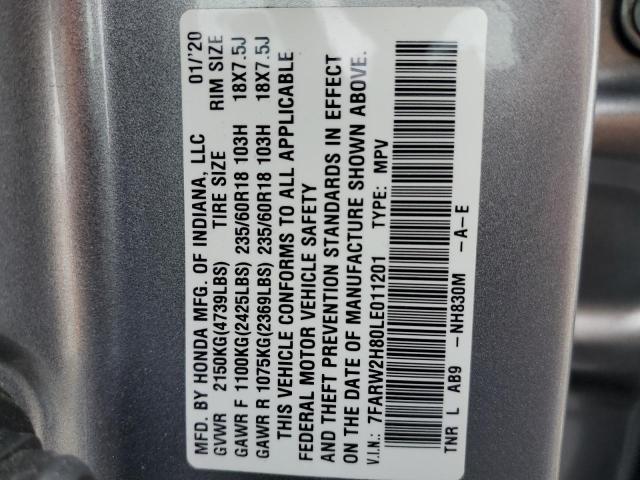 7FARW2H80LE011201 - 2020 HONDA CR-V EXL GRAY photo 12