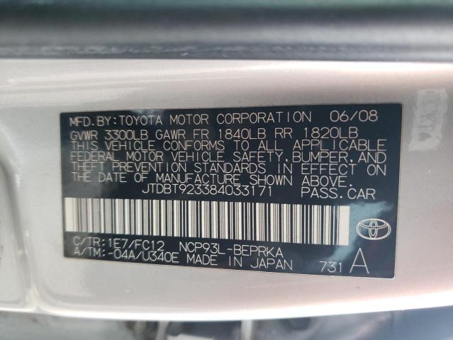 JTDBT923384033171 - 2008 TOYOTA YARIS SILVER photo 13