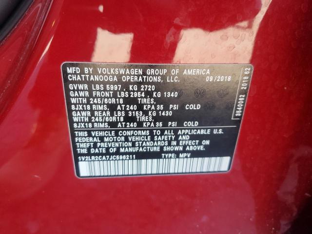 1V2LR2CA7JC596211 - 2018 VOLKSWAGEN ATLAS SE წითელი ფოტო 12