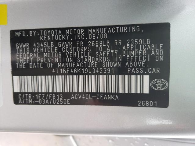 4T1BE46K19U342391 - 2009 TOYOTA CAMRY BASE SILVER photo 12