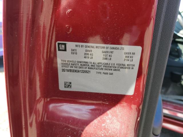 2G1WB5EK6A1226621 - 2010 CHEVROLET IMPALA LT 红色 照片 12