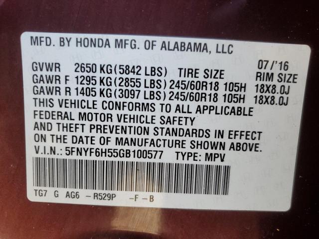 5FNYF6H55GB100577 - 2016 HONDA PILOT EXL MAROON photo 14