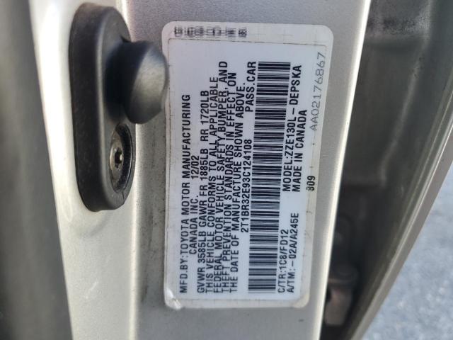 2T1BR32E93C124108 - 2003 TOYOTA COROLLA CE GRAY photo 12
