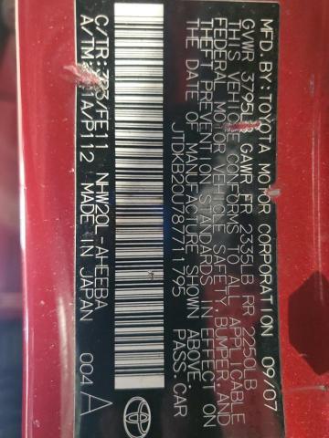JTDKB20U787711795 - 2008 TOYOTA PRIUS RED photo 12